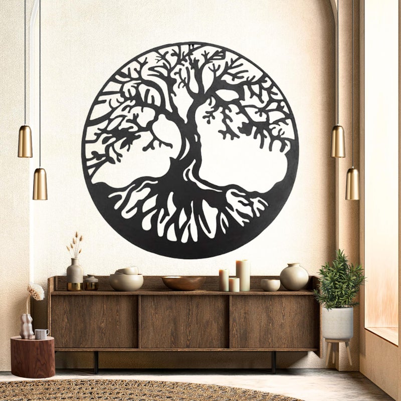 Bellaa 20230 Metal Wall Art Tree Circle Of Life Round Hanging Sculptures Indoor Living Room Outdoor Garden Patio Decor Black 24 inch - Image 1